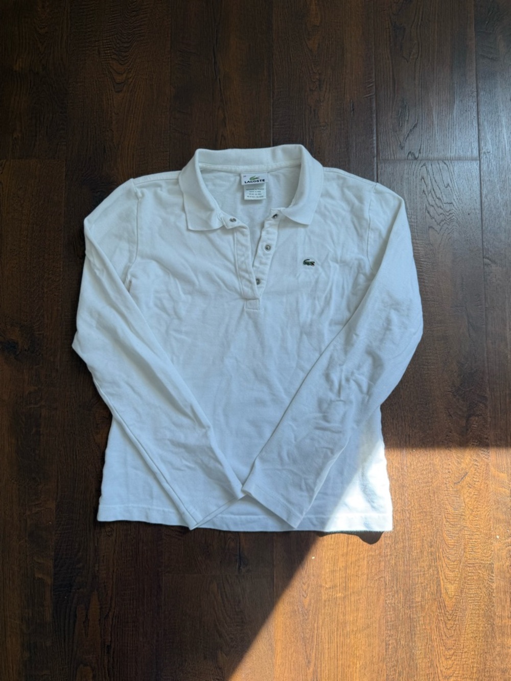 Lacoste White Long-Sleeve Polo with Green Crocodile Logo